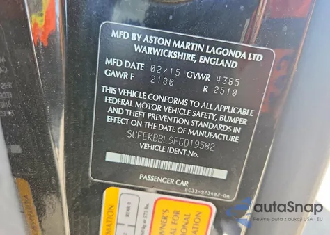 2015 Aston Martin V8 Vantage z USA, uszkodzony, nr VIN SCFEKBBL9FGD19582